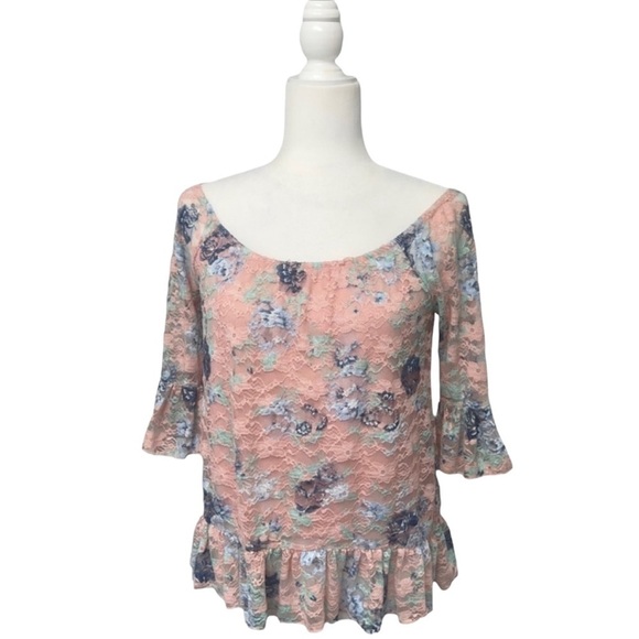 Almost Famous Off The Shoulder Lace Pink Floral Top - Size Small - Picture 12 of 14